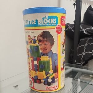 Vintage 1975 Playskool Bristle Blocks Building Set w/ Original Storage Can